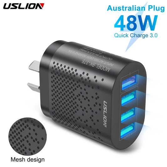 USLION AU 48W 4 ports Charger Travel Fast Charger USB Type C Quick Charger Australian Plug Mobile Phone Charger For iPhone Sony [MOB]