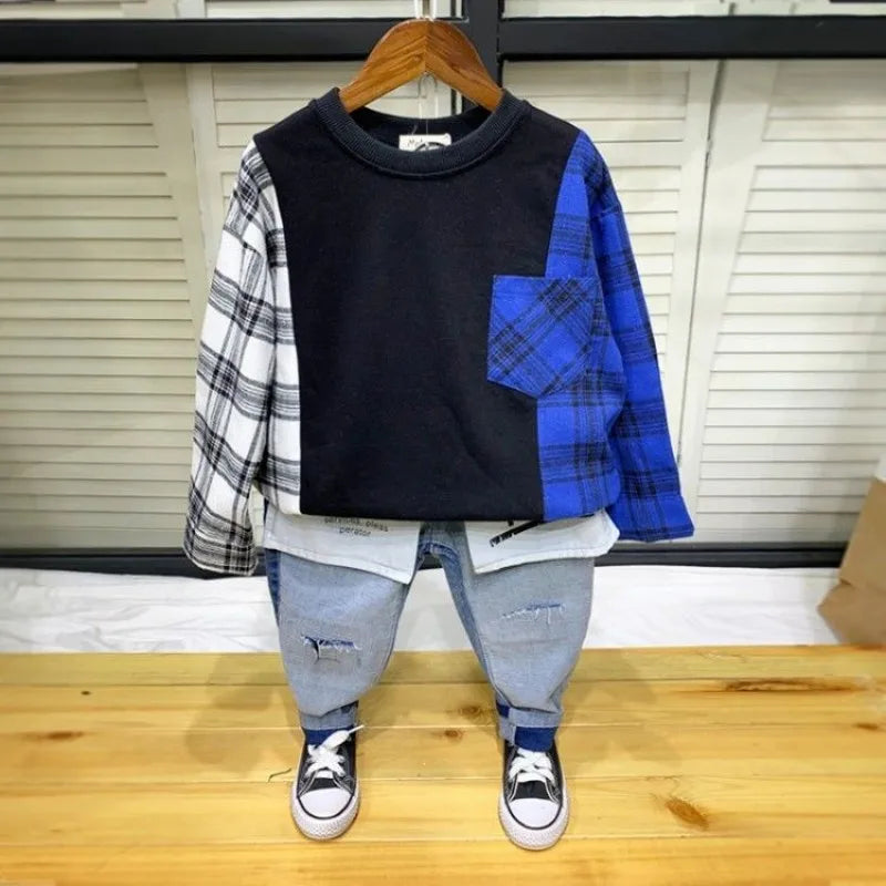 Children's Patchwork Sweatshirts For Boys Cotton O-Neck Long Sleeve Boy Tops Kids Autumn Clothes 4 5 6 7 8 9 10 11 12 Years [MEN]