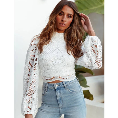 Elegant Women's Long Sleeve Lace Blouses Tops White Crochet Hollow Out Turtleneck Stylish Cropped Shirts Female Pullovers 16296 [WOM]