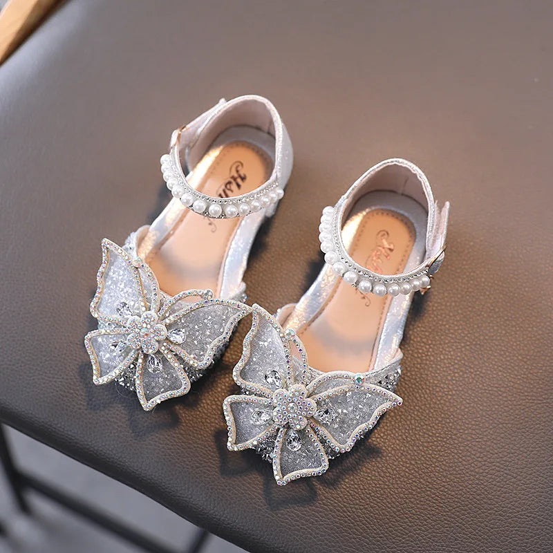 Summer Girls Sandals Fashion Sequins Rhinestone Bow Girls Princess Shoes Baby Girl Shoes Flat Heel Sandals Size 21-35 [SHO]