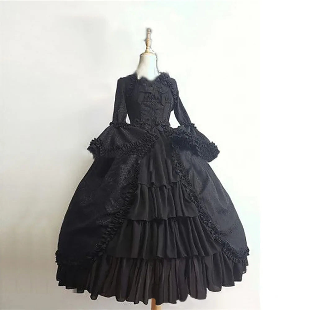 Wepbel Vintage Gothic Court Dress Bow Lolita Dresses Medieval Square Collar Waist Hugging Stitching Ruffle Cute Puffy Dress [LOL]