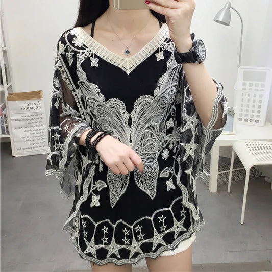 New Spring Summer Embroidery Lace Blouse Flare Sleeve Hollow Out Women Shirt O-Collar Casual Female Tops Ladies Clothing 25897 [WOM]