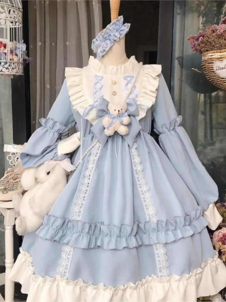 Cute Women's Lolita OP Dress Japanese Harajuku Long Sleeves Victorian Dress Vestidos Gothic Lolita Cosplay Maid платье лолита [LOL]