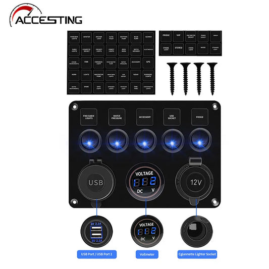 Led Switch Panel With Dual USB Port 12V Digital Voltmeter Control Switches For Marine Car Boat Caravan Camper RV Accessories [CAM]