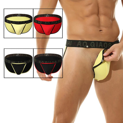 Buckle Briefs Men Low-Rise Underwear High Fork Bikini Big Convex Pouch Lingerie Underpants Cotton Breathable Sexy G-String [GRM] [UND]