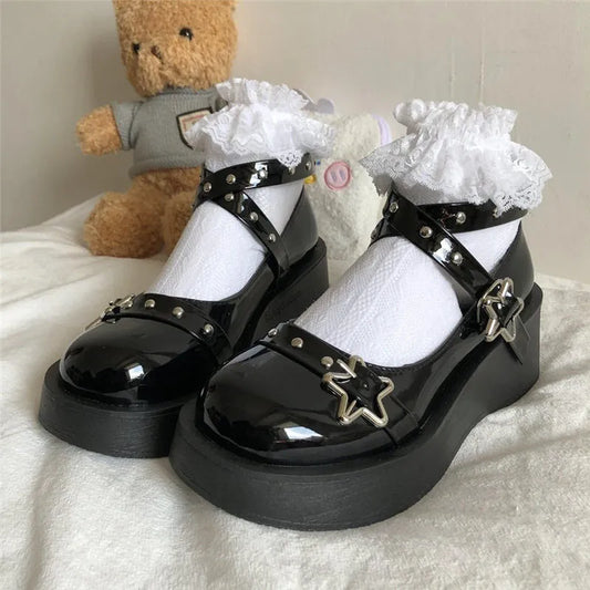 lolita shoes platform emo shoes on heels women loli thick heel cross bandage women shoes kawaii cosplay Mary Janes gothic shoes [LOL]