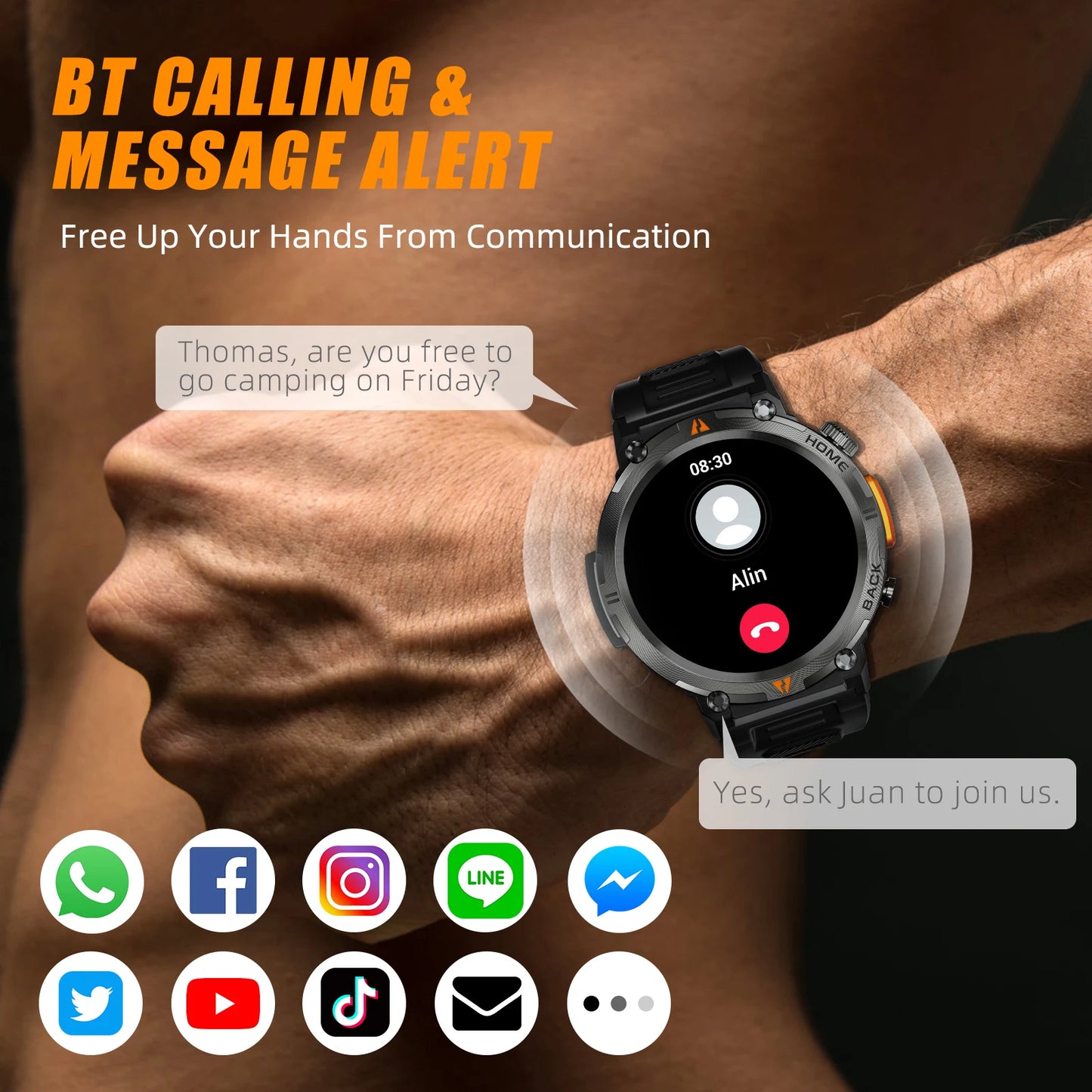 EIGIIS KE3 Smart Watch 3ATM Waterproof Original Design For Men Bluetooth Call Health Monitor With Flashlight 100+ Sports Modes [SWH]