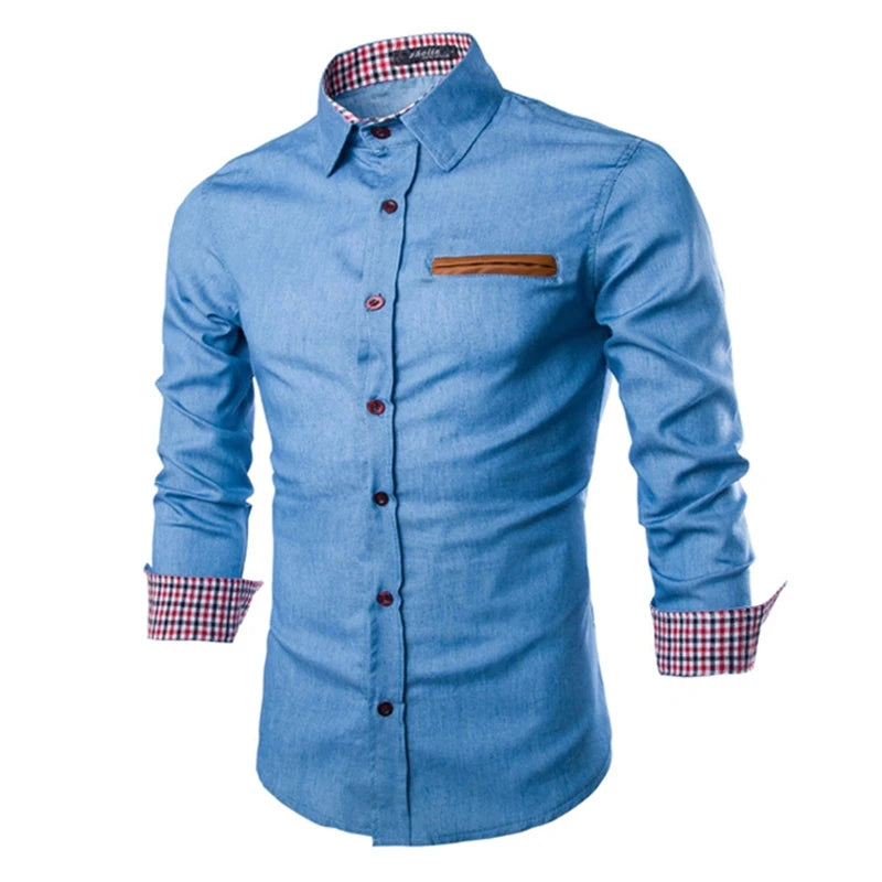 Men Denim Shirts Long Sleeve Men Dress Shirt Fashion Slim Fit Style Navy Blue Jeans Male Shirt Longsleeve Shirt For Men [MEN]