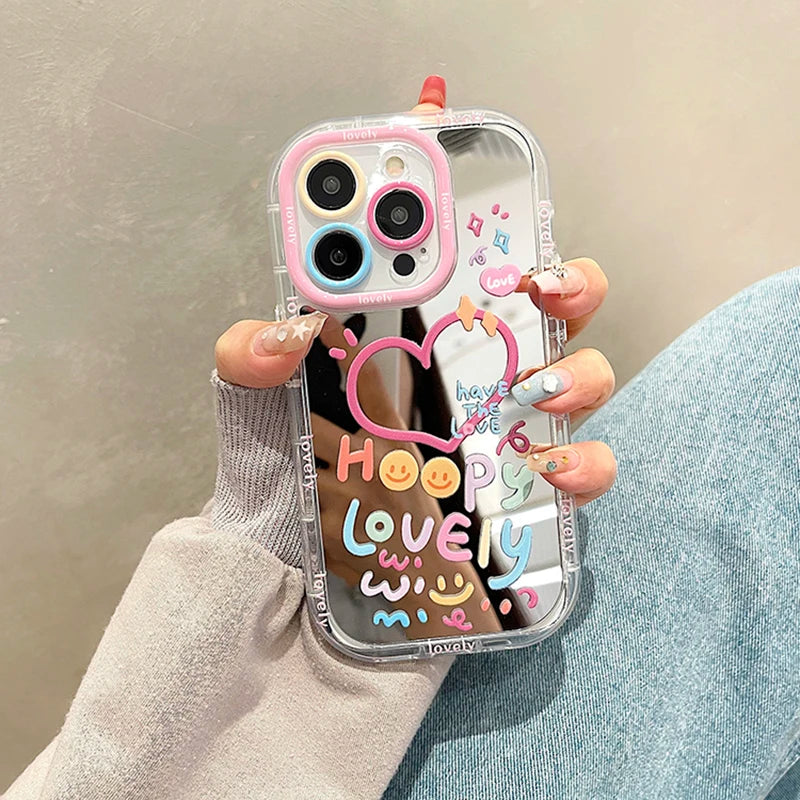 Lovely Girl Heart Mirror Phone Case For iPhone 11 12 13 14 15 Pro Max Shockproof Back Cover [PHC]