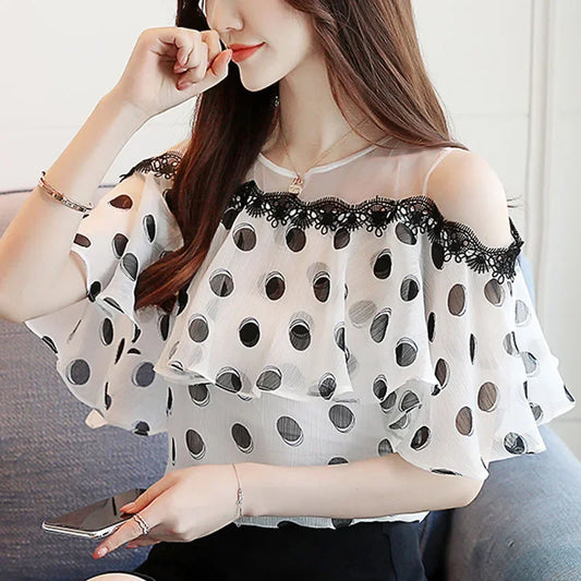 Summer Fashion Shirts Women Elegant Short Sleeve Ladies Tops Sweet Polka Dot Chiffon White Blouse Casual Loose New Blusas 0611 [WOM]