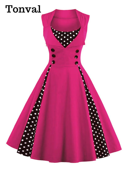 Tonval Elegant Polka Dot Sleeveless Pinup Vintage Retro Dress Women Button High Waist Summer Party 4XL 5XL Cotton Dresses [WOM]