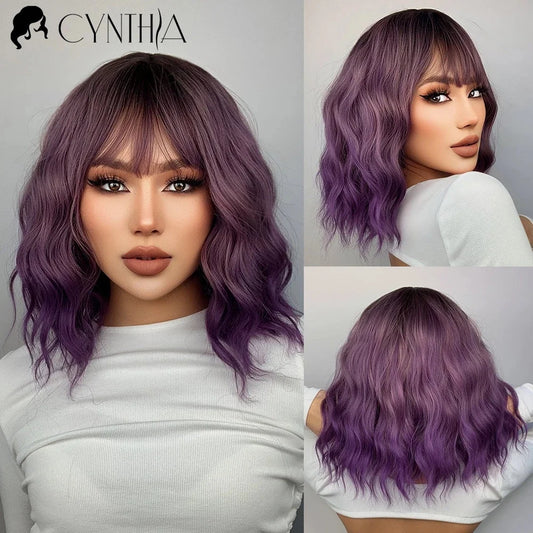 Purple Ombre Short Bob Body Wave Synthetic Wigs For Women Cosplay Wig With Bangs White Synthetic Natural Hair Lolita Pelucas Nарик [LOL]