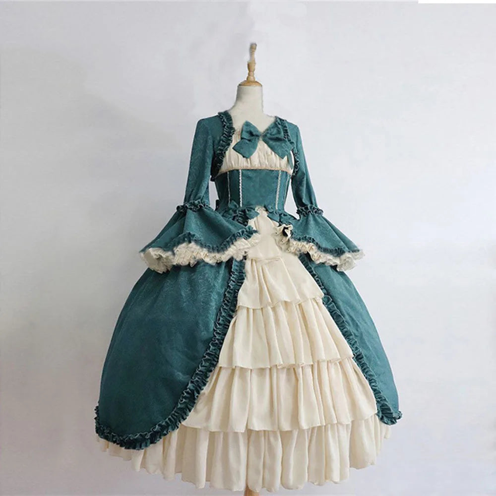 Wepbel Vintage Gothic Court Dress Bow Lolita Dresses Medieval Square Collar Waist Hugging Stitching Ruffle Cute Puffy Dress [LOL]