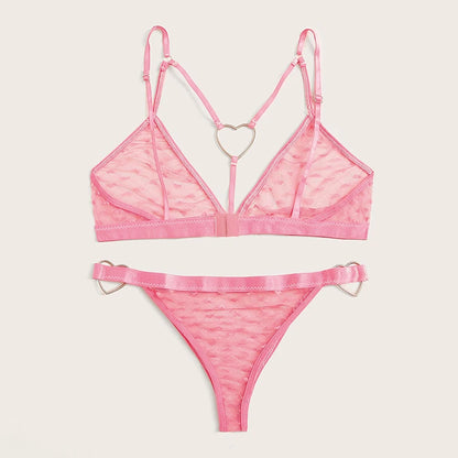 Sexy Bra Set Heart Print Lingerie Set Ring Linked Erotic Lingerie 2 Pcs Women's Underwear Mesh Intimate Transparent Bralette Set [UND]