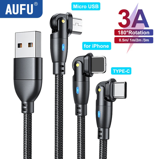 AUFU 3A USB Type C Cable 180 Rotate Fast Charing Wire Cord For iPhone Samsung Xiaomi POCO Mobile Cellphone Charger Data Wire 3M [MOB]