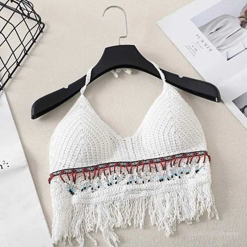 Sexy Hollow Out Underwear Women Summer Beach Short Tank Top Women Sweet Knitted Bra Tassel Women Short Top Debardeur Femme [UND]