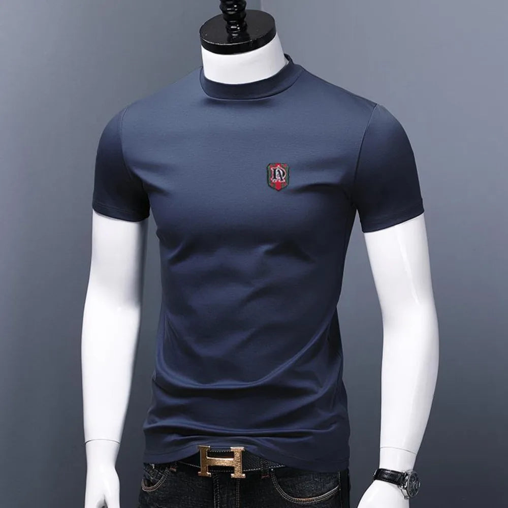 Men's Casual Turtleneck T-Shirts Short Sleeve Solid Slim Fit Silk High Neck Tops Inner Wear Trendy Round Neck Base Layer Shirt [MEN]