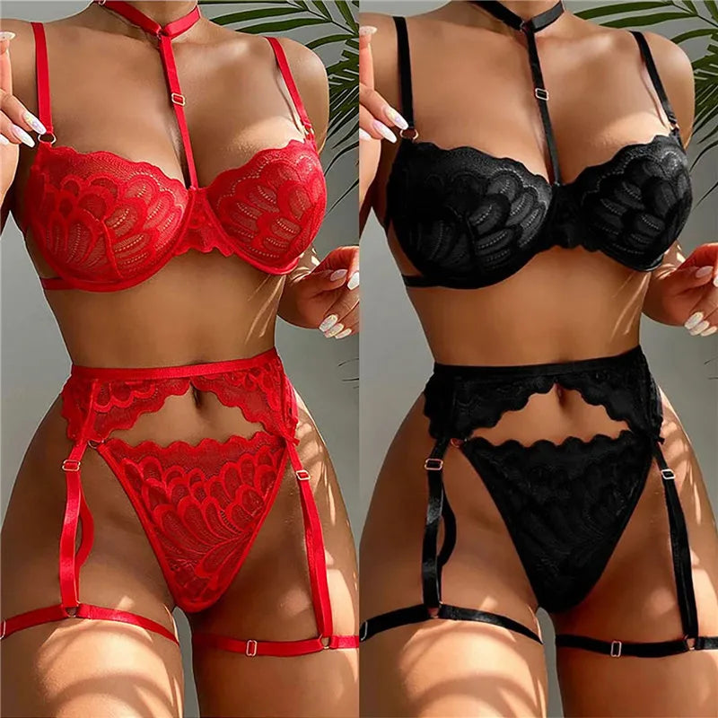 Lace Transparent Lingerie For Women Bra Set Floral Exotic Sheer Half Cup Bra Panty Lingerie Set Fashion Sexy Women's Underwear [UND]