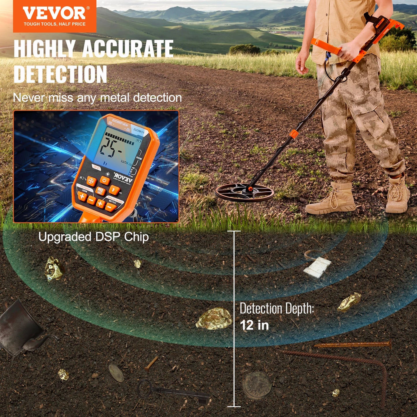 VEVOR Professional Rechargeable Metal Detector 12" IP68 Waterproof Coil 39-50 in Adjustable with LCD 7Modes for Treasure Hunting [MTL]