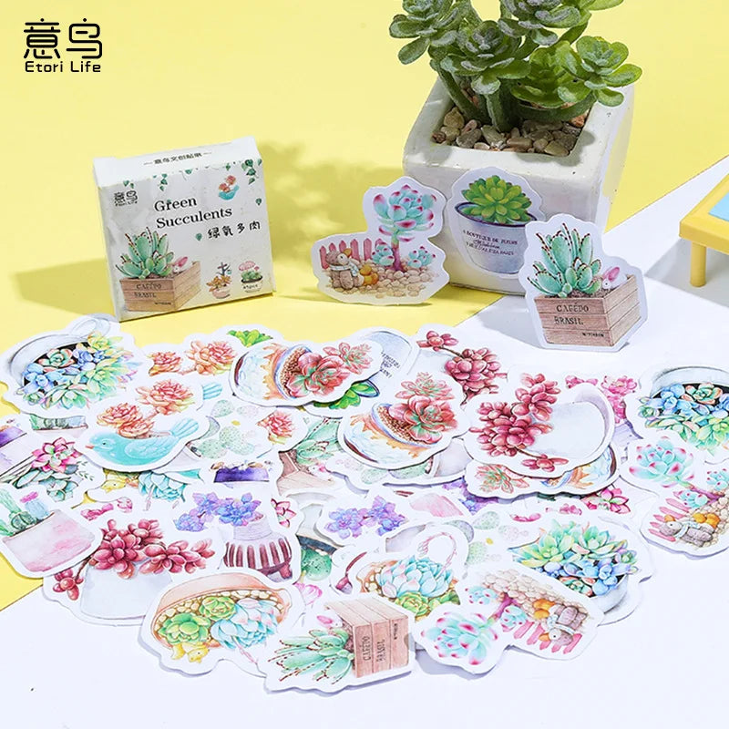 46pcs/pack Plant Decorative Washi Stickers Green Cactus Scrapbooking Stick Label Diary Stationery Album Stickers [OFF]