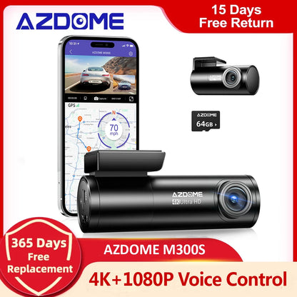 AZDOME M300S Car Recorders 4K+1080P Rear Camera (Free 64G TF) 800MP Lens GPS Wifi Car DVR Voice Control  Dash Cam Night Vision [CAR]