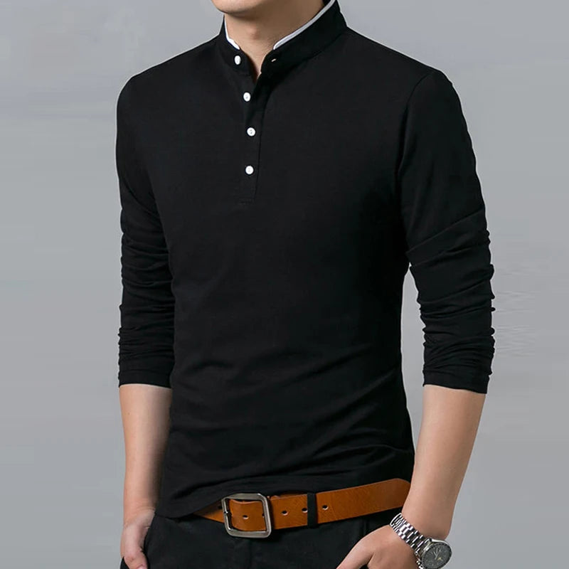 Men's Business Casual Polo Long Sleeve T-shirt Summer Comfortable and Breathable Solid Cotton Top [TSH]