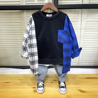 Children's Patchwork Sweatshirts For Boys Cotton O-Neck Long Sleeve Boy Tops Kids Autumn Clothes 4 5 6 7 8 9 10 11 12 Years [MEN]