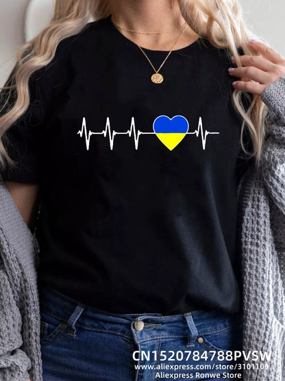 Heartbeat Blue Yellow Women Print T-shirt Girl Y2K Short Sleeve Tee Tops Lady 90S Sweatshirts Female Harajuku Clothing [TSH]