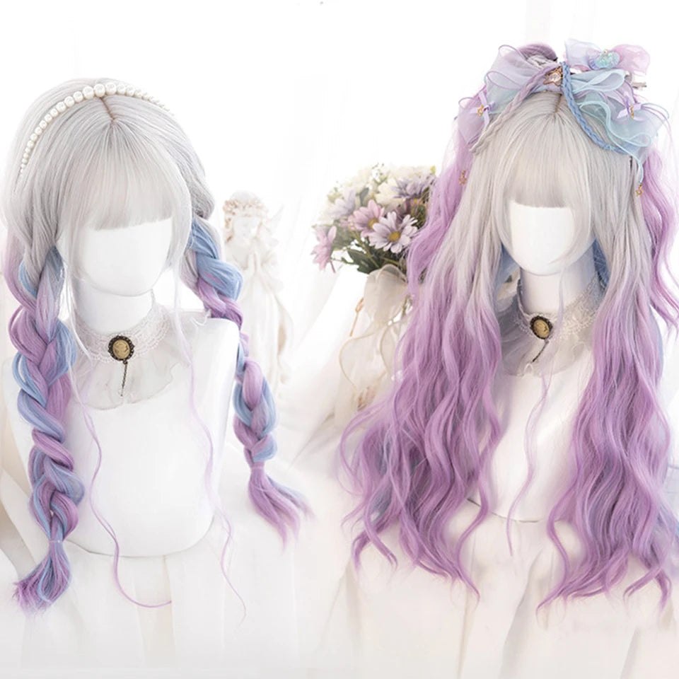 HUAYA Synthetic Ombre Purple Color Lolita Long Wavy Curly Wigs With Bangs Cute Girl Daily Party Cosplay Wig Heat Resistant Fiber [LOL]