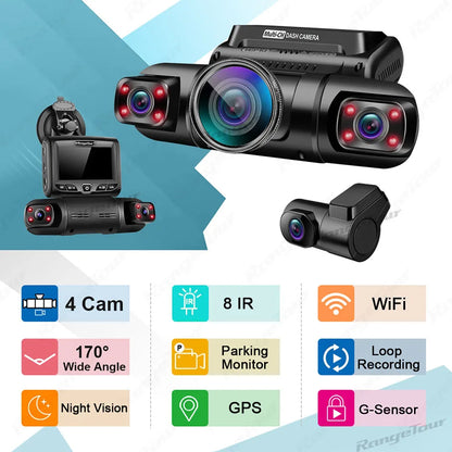 4 Channel 1080P+1080P+1080P+1080P WiFi GPS Car DVR Dual Lens 8 Infrared Light Night Vision 3 Lens 170 Degree Dash Cam Car Camera [CAR]