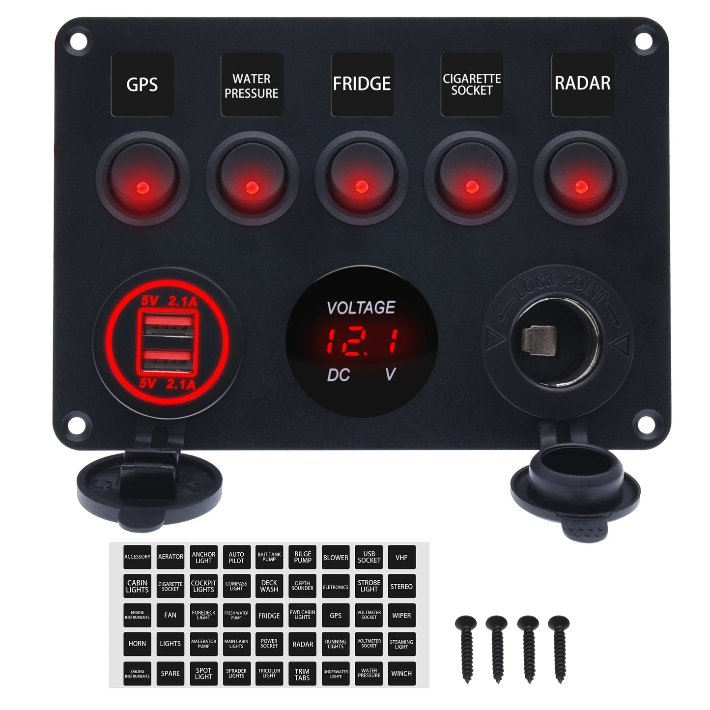 LED Rocker Switch Panel With Digital Voltmeter Dual USB Port 12V Outlet Combination Waterproof Switches For Car Marine Boat [MRN]