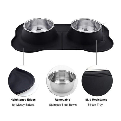 Antislip Double Dog Bowl With Silicone Mat Durable Stainless Steel Water Food Feeder Pet Feeding Drinking Bowls for Dogs Cats [PET]