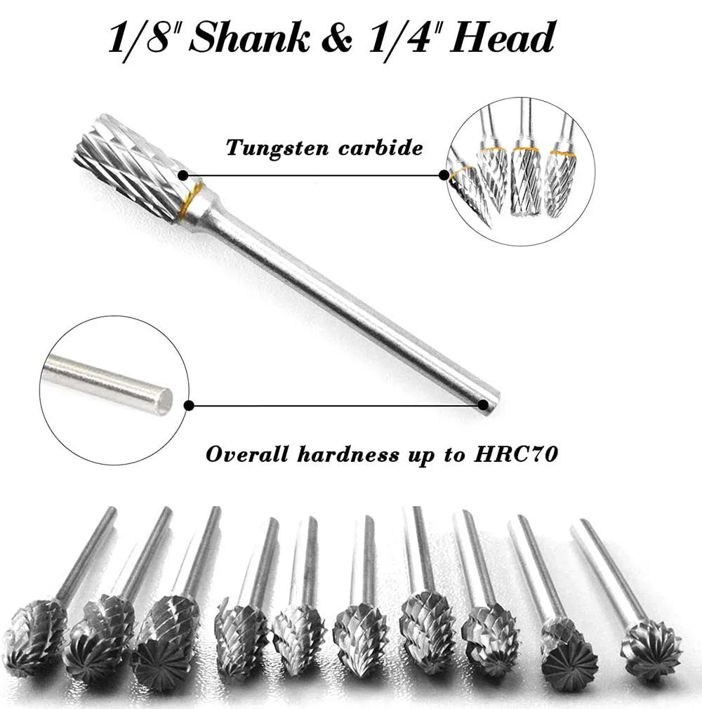 New 10 pcs 1/8" Shank Tungsten Carbide Milling Cutter Rotary Tool Burr Double Diamond Cut Rotary Dremel Tools Electric Grinding [TPT]