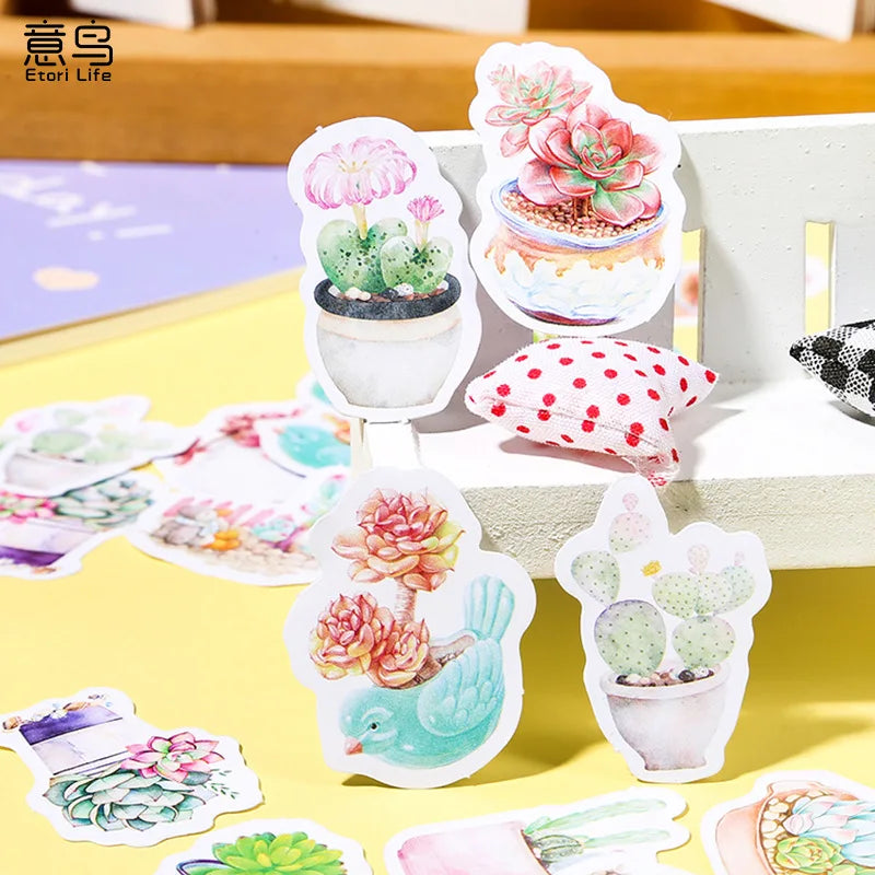 46pcs/pack Plant Decorative Washi Stickers Green Cactus Scrapbooking Stick Label Diary Stationery Album Stickers [OFF]