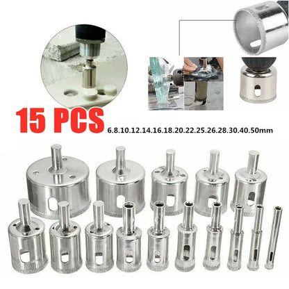 10/15pcs Set Tile drill bit Set Diamond Coated  Tile Marble Glass Ceramic Hole Saw Drilling Bits Power Tools Accessories [TPT]