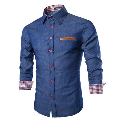 Men Denim Shirts Long Sleeve Men Dress Shirt Fashion Slim Fit Style Navy Blue Jeans Male Shirt Longsleeve Shirt For Men [MEN]