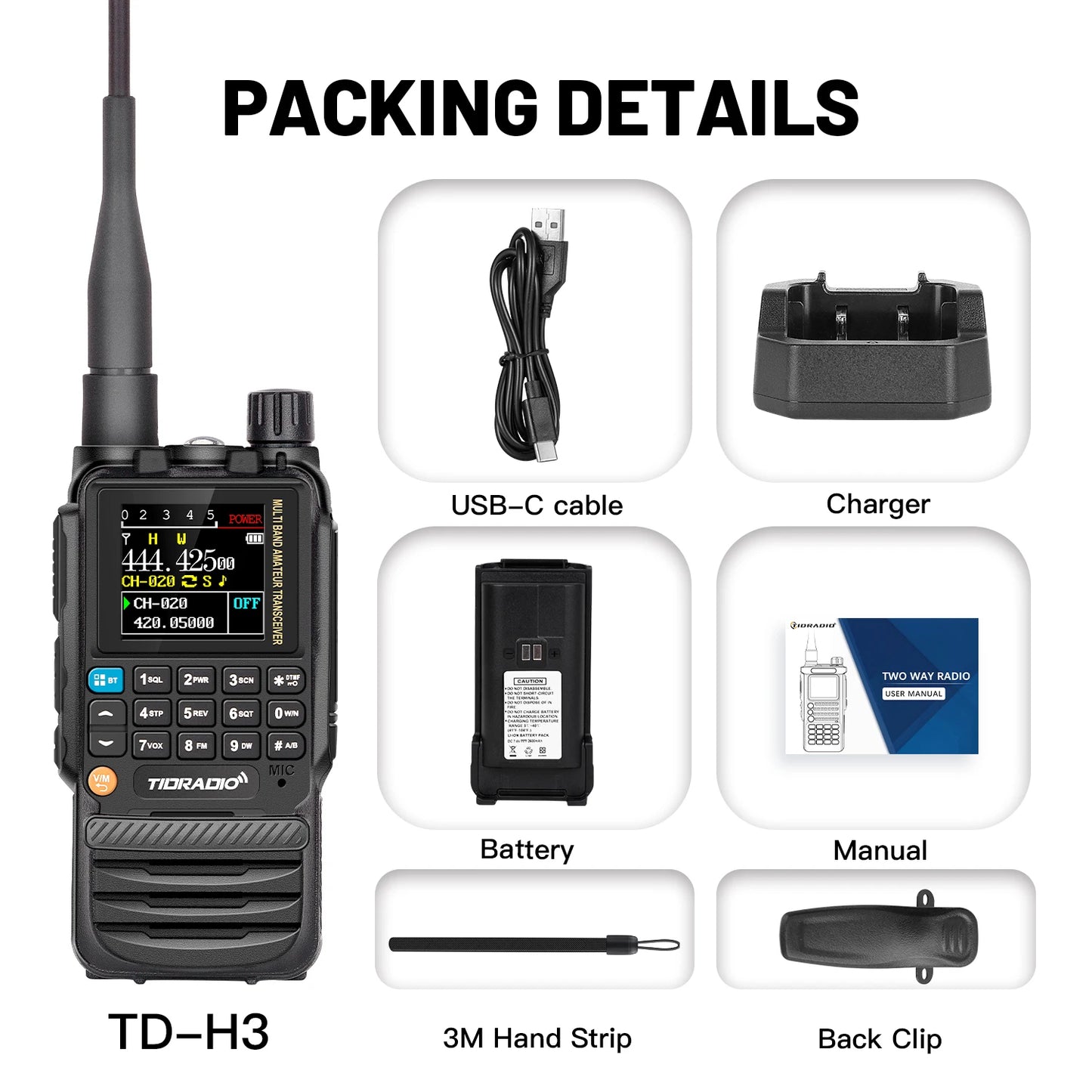 TIDRADIO H3 Long Range Walkie Talkie Phone APP Wireless Programming Air Band Ham Two Way Radio USB Type-C Programming &Charge [TEL]