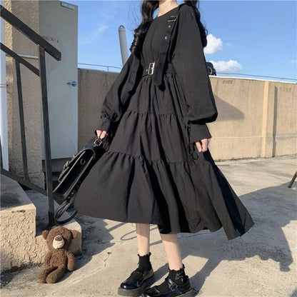 QWEEK Gothic Style Dress Women Harajuku Gothic Lolita Goth Kawaii Dress Punk Cute Long Sleeve Black Midi Dress 2021 Emo Oversize [LOL]