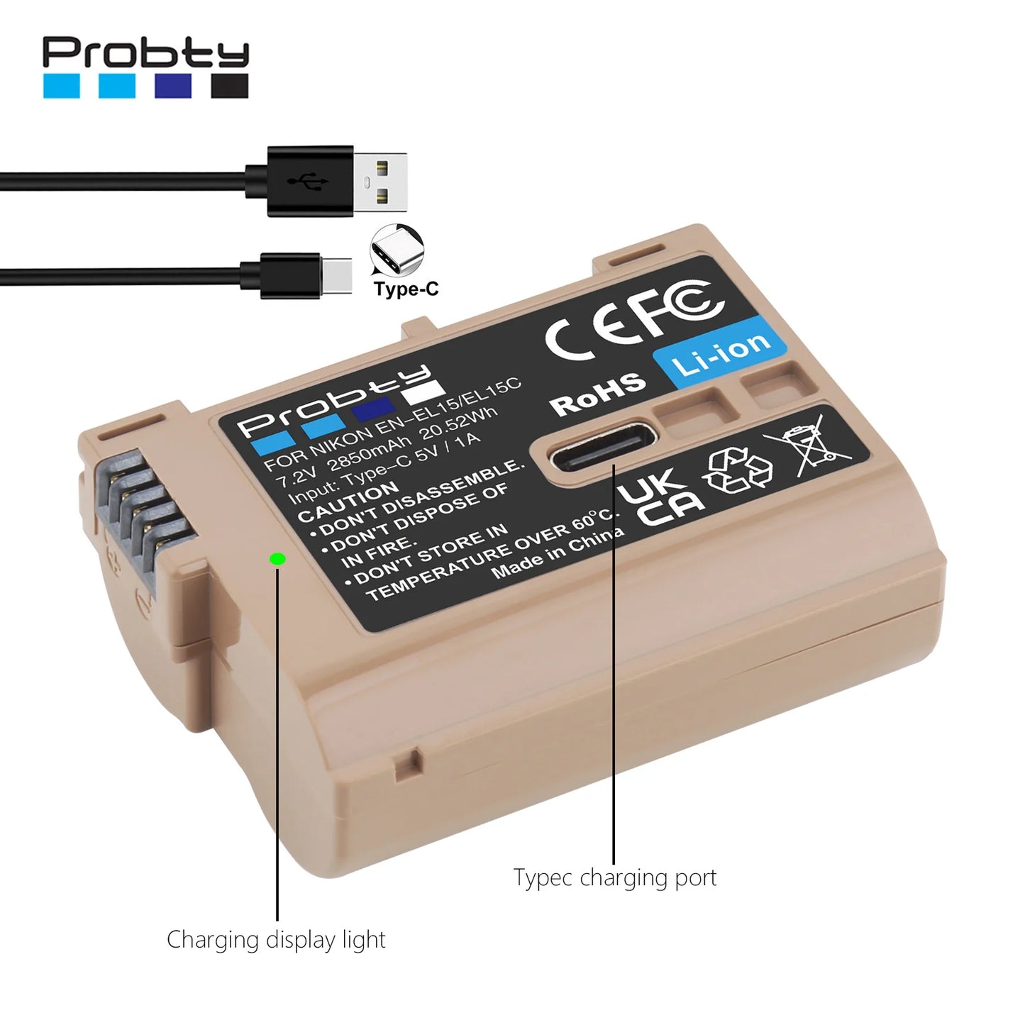 Probty 2850mAh EN-EL15C EN-EL15 Battery Battery with Type-C input port for Nikon Z5,Z8,Z6 II,Z7,Z7II D600 D610 D600E D800 D810 [BAT]