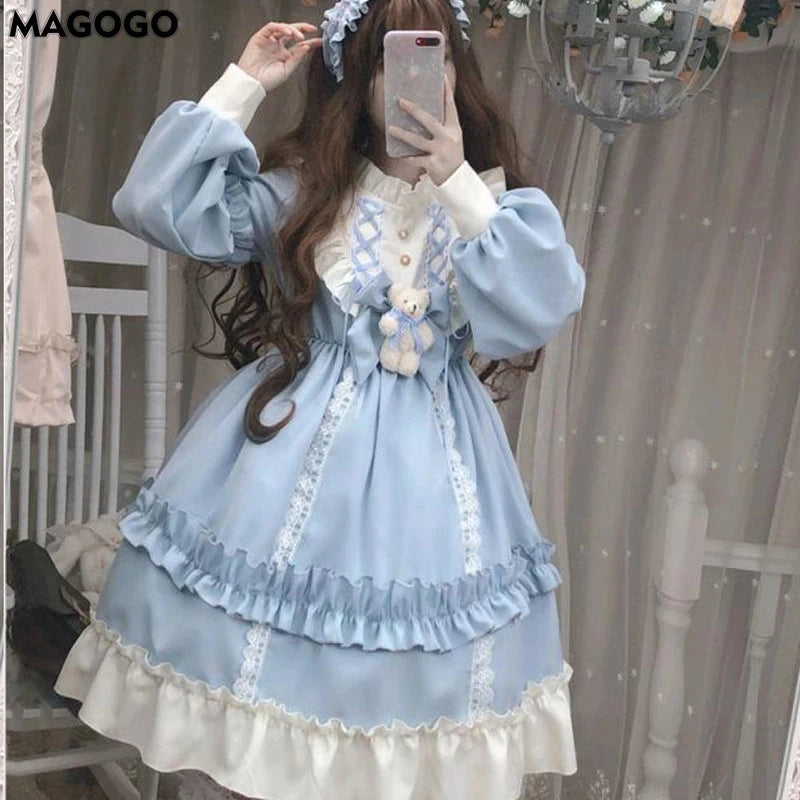 Japanese Gothic Vintage Lolita Dress for Women Cute Bow Bear Lace Blue Dresses Long Sleeve Princess Dress Halloween Costume [LOL]