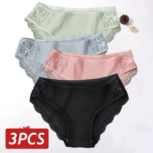 Floral Lace Cotton Women Panties Underwear Women Briefs Comfortable Female Underpants Solid Color Pantys Lingerie M-XXL 3PCS/Set [UND]