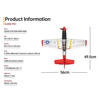 Wltoys XK A280 RC Plane P51 Model 3D/6G With LED 2.4GHz GPS Remote Control Airplane Large Fighter toys Gift for Boys FPV Carrier [TOYS]