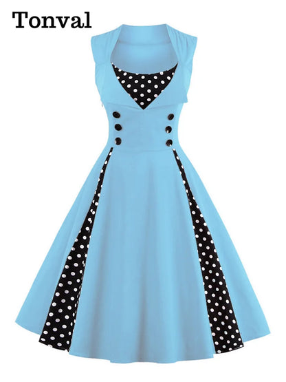 Tonval Elegant Polka Dot Sleeveless Pinup Vintage Retro Dress Women Button High Waist Summer Party 4XL 5XL Cotton Dresses [WOM]