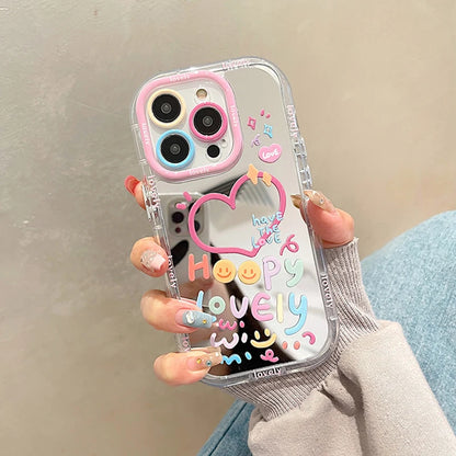 Lovely Girl Heart Mirror Phone Case For iPhone 11 12 13 14 15 Pro Max Shockproof Back Cover [PHC]