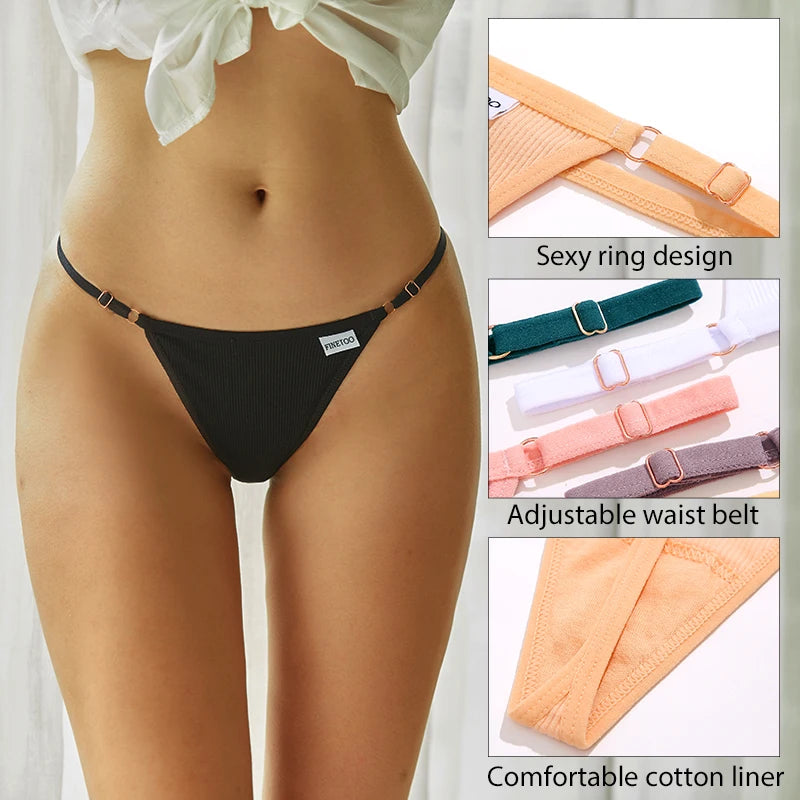 Women's Panties Cotton Thongs Adjustable Waist Sexy G-String Solid Color Seamless Intimate Female Underpants Lingerie S-XL [UND]