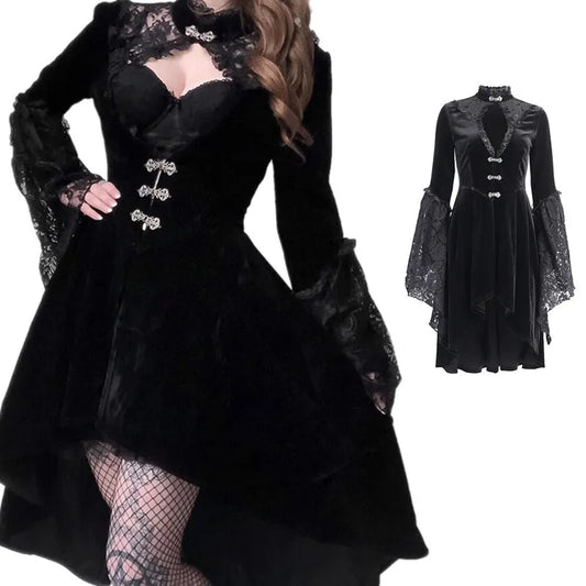 Stylish Black Frock Lace Stitching Dress Gothic Lolita Dress Hollow Pleated Dress Dark Streetwear Irregular Frock [LOL]