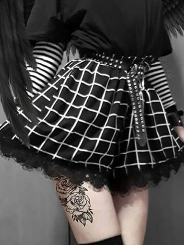 Black White Plaid Shorts Women Harajuku Lace Trim Chic Lace Shorts Punk Gothic Shortses Lolita Womens Streetwear High Waist [LOL]