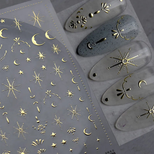 3D Gold Sun/Moon/Star Bronzing Nail Art Sticker 8*10cm Laser Star Moon Design Nail Decal Gold Silver Self-Adhesive Slider  [BEU]