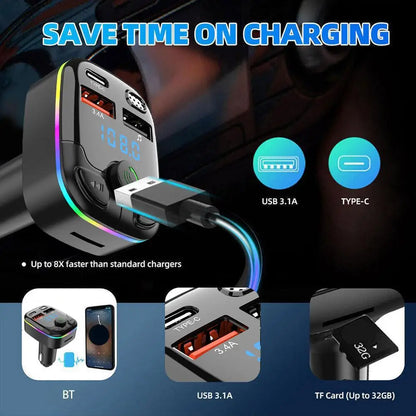 Car Bluetooth 5.0 FM Transmitter PD Type-C Dual USB 3.1A Fast Charger Colorful Ambient Light Handsfree MP3 Modulator Player [CAR]