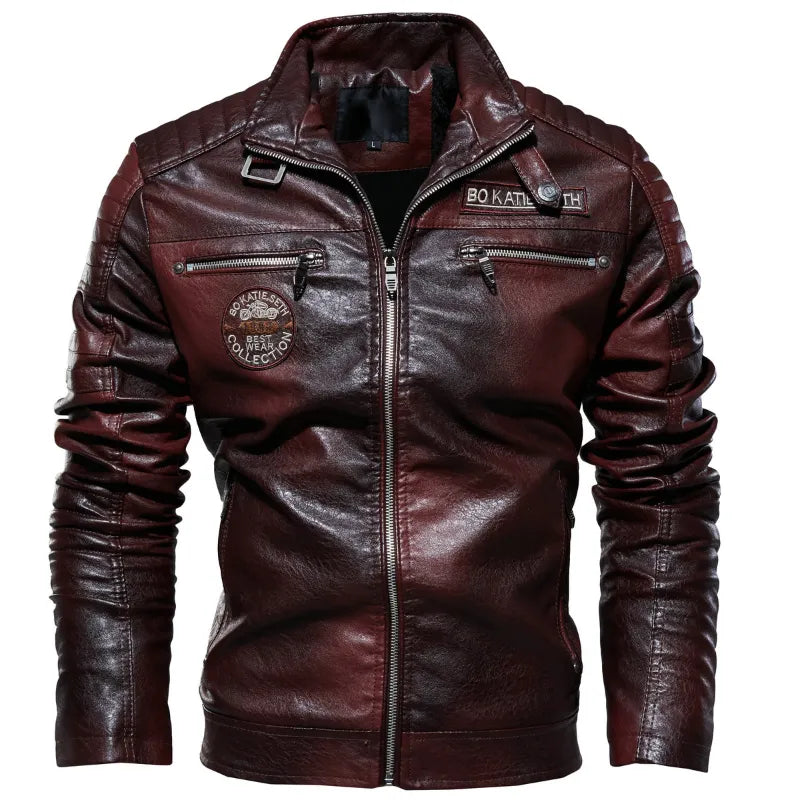 Men's Leather Jacket Men's Winter Fleece Men's Stand Collar Biker Casual Windproof Slim Fit Jacket Fleece Leather Jacket [MEN]